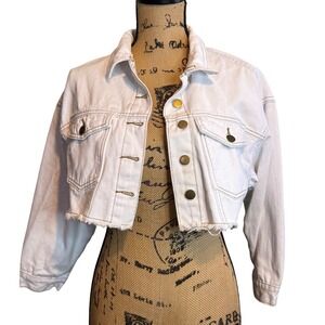 Elia-Cher Womens Y2k Streetwear Frayed Denim Cropped Jacket White Size 4/6